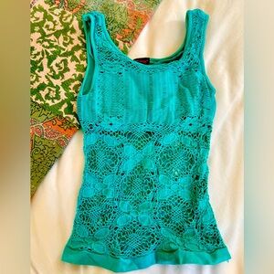 Turquoise Teal Stretchy Lace Tank Top with Shelf Bra Beach Workout Yoga Aerial